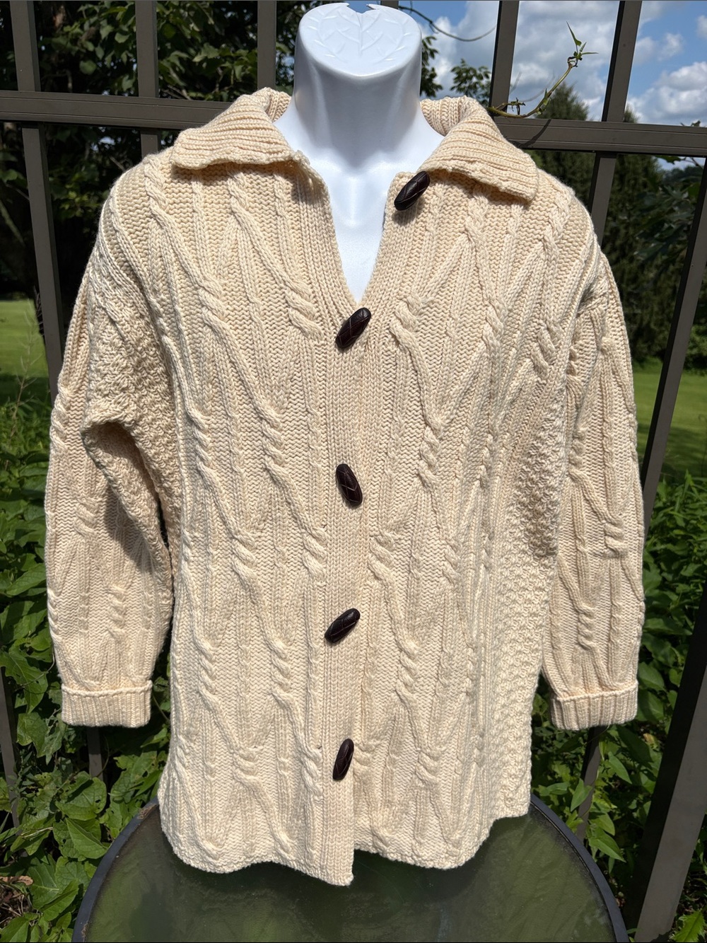 Vintage Aran Crafts 100% Merino Wool Cream Button Down Sweater from Ireland Sz L